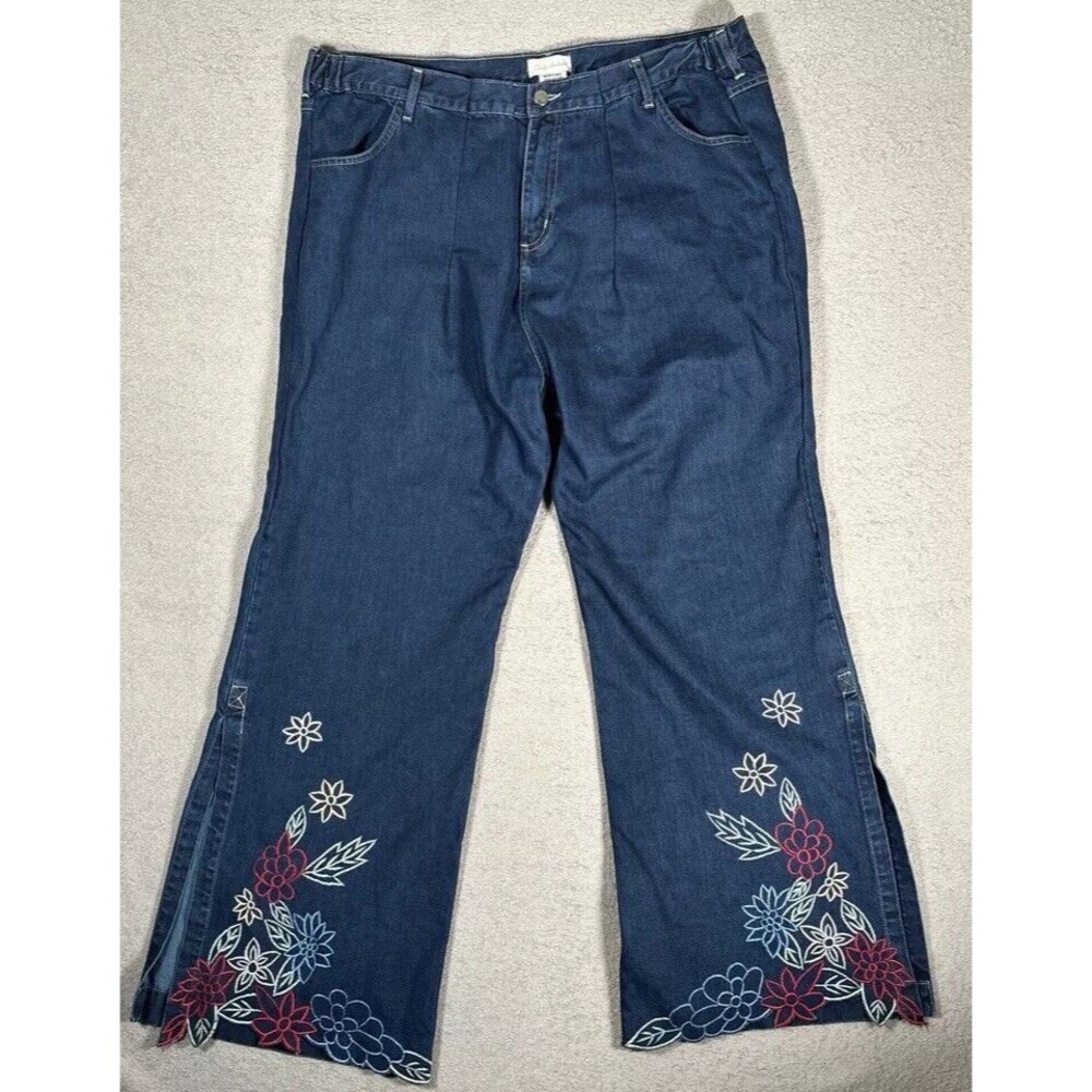 Cindy Ambuehl Women Plus Size 3X Blue Jeans Wide Leg Flare Slit Ankle fits 40x31